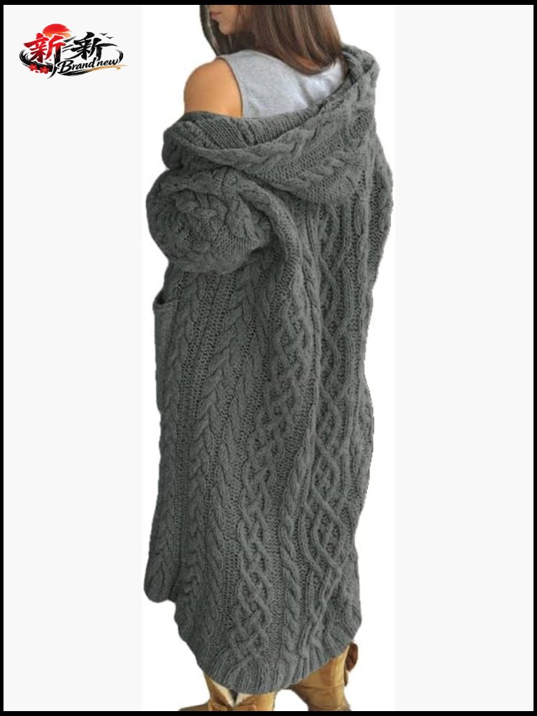 Long Cardigan Sweater With Pockets Hooded Open Front Cable Knit Coat Women
